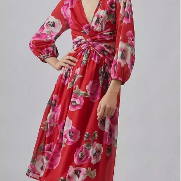Floral Cut Out Midi Long Sleeve anthropologie Dress L